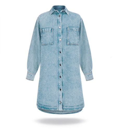 Light washed denim dress with pockets on the front and side pockets inseam. Buttons fastening and long sleeves.
