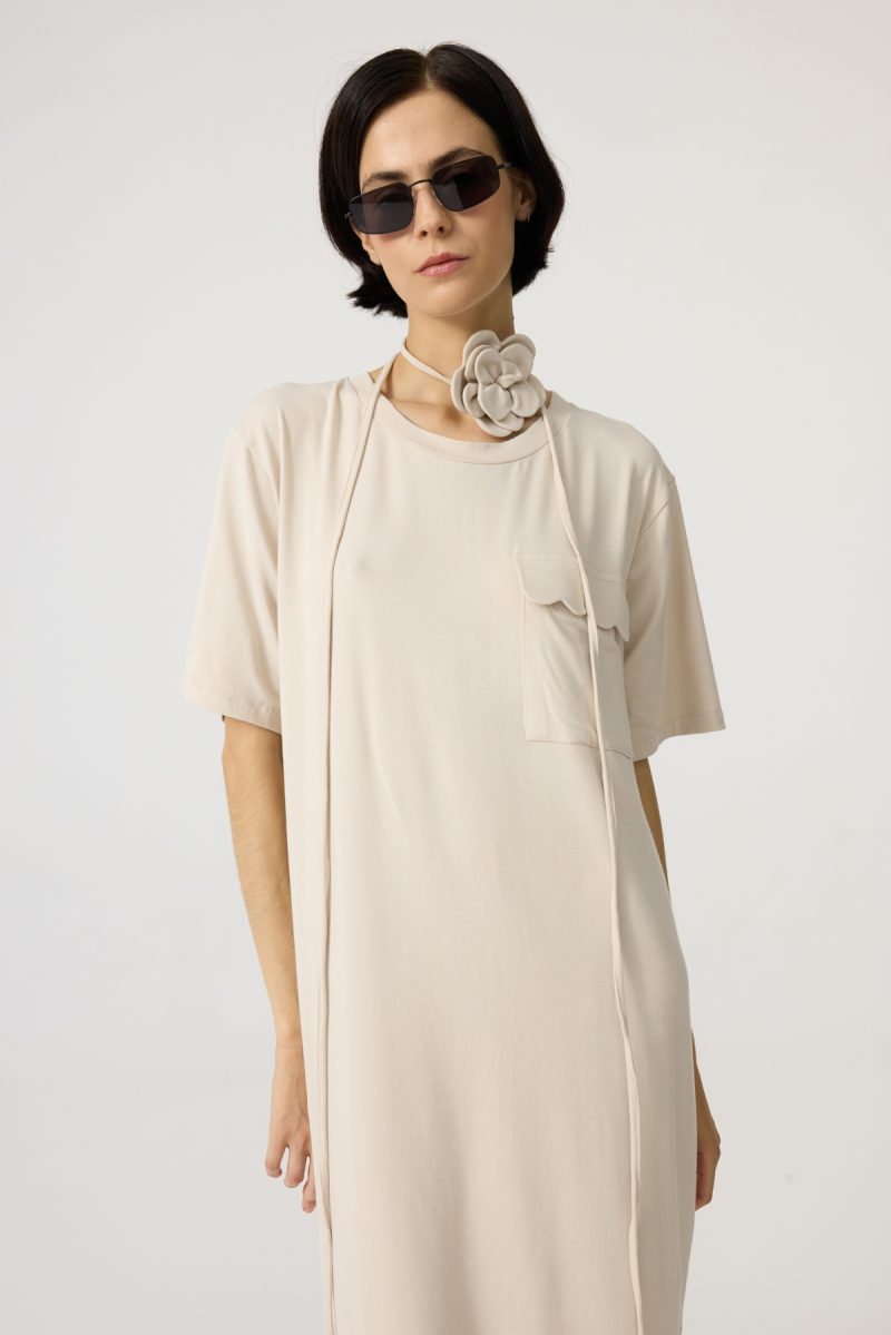 Long bamboo dress, sand beige colour with flower string as choker and front pocket