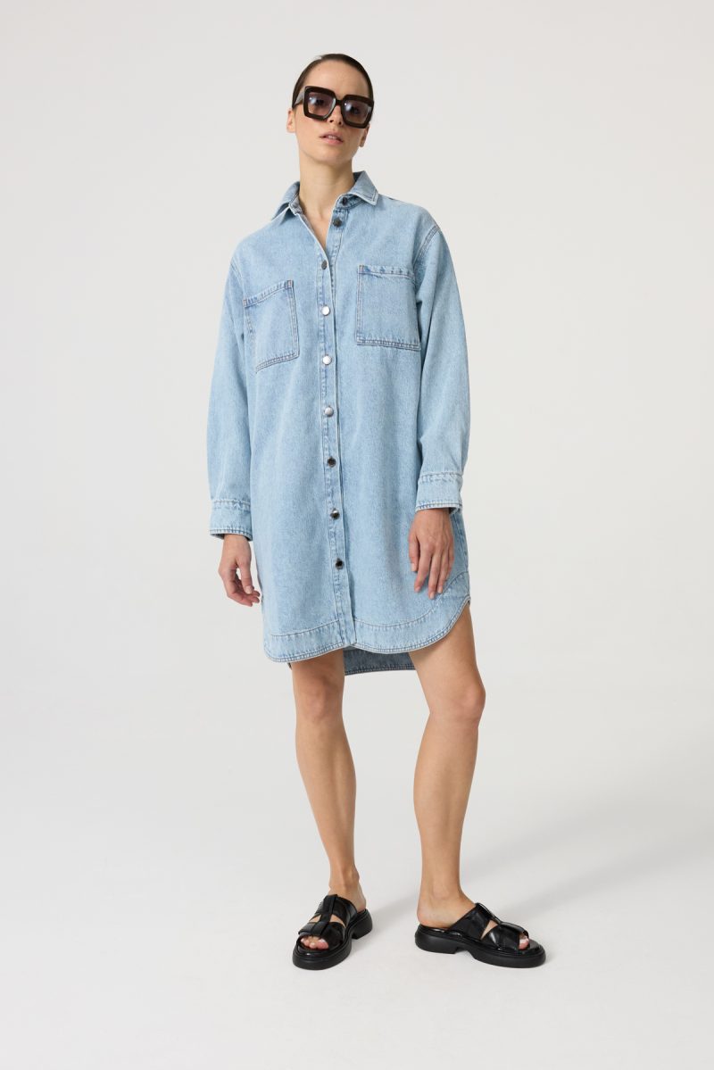 Denim dress with front and side pockets, light-washed denim, straight loose cut. Button fastening.