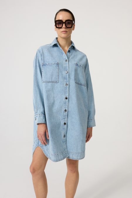 Denim dress with front and side pockets, light-washed denim, straight loose cut. Button fastening.