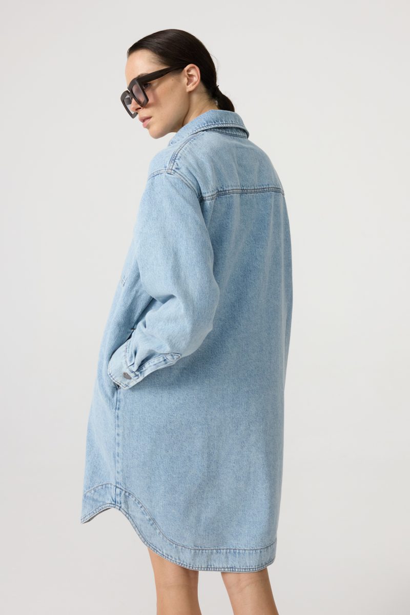 Denim dress with front and side pockets, light-washed denim, straight loose cut. Button fastening. Back view.