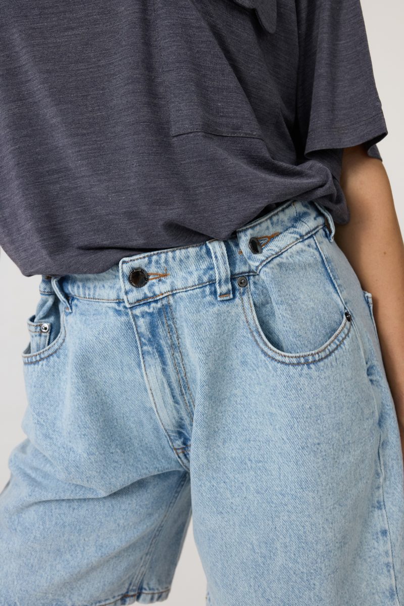 Denim shorts mid-rise with loose leg; front and back pockets, light-blue washed denim.