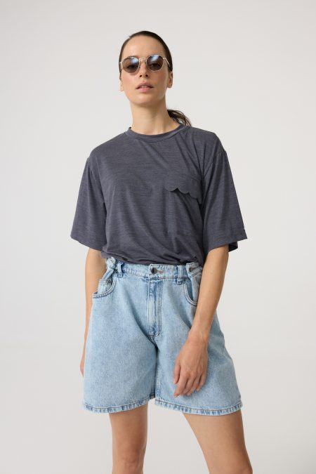 Denim shorts mid-rise with loose leg; front and back pockets, light-blue washed denim.