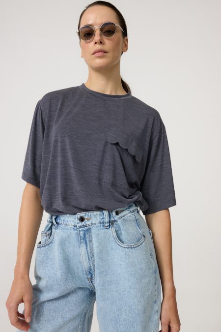 Denim shorts mid-rise with loose leg; front and back pockets, light-blue washed denim.