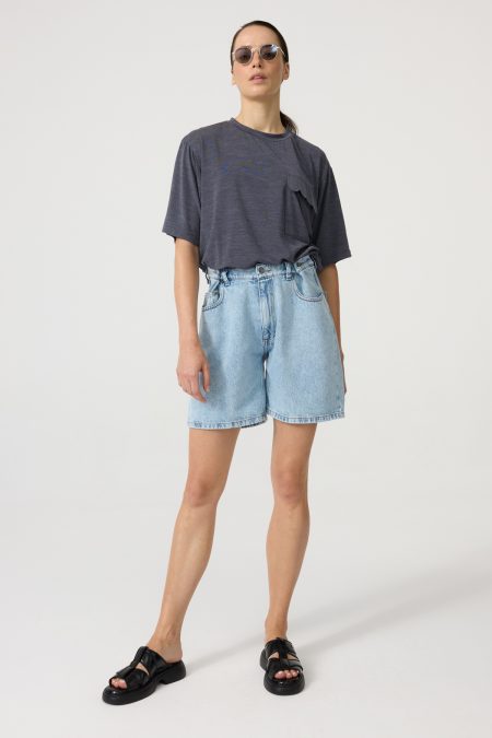 Denim shorts mid-rise with loose leg; front and back pockets, light-blue washed denim.