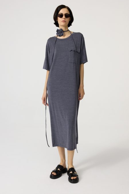 Long merino&lyocell dress, grey colour with flower string as choker and front pocket. Loose fit.