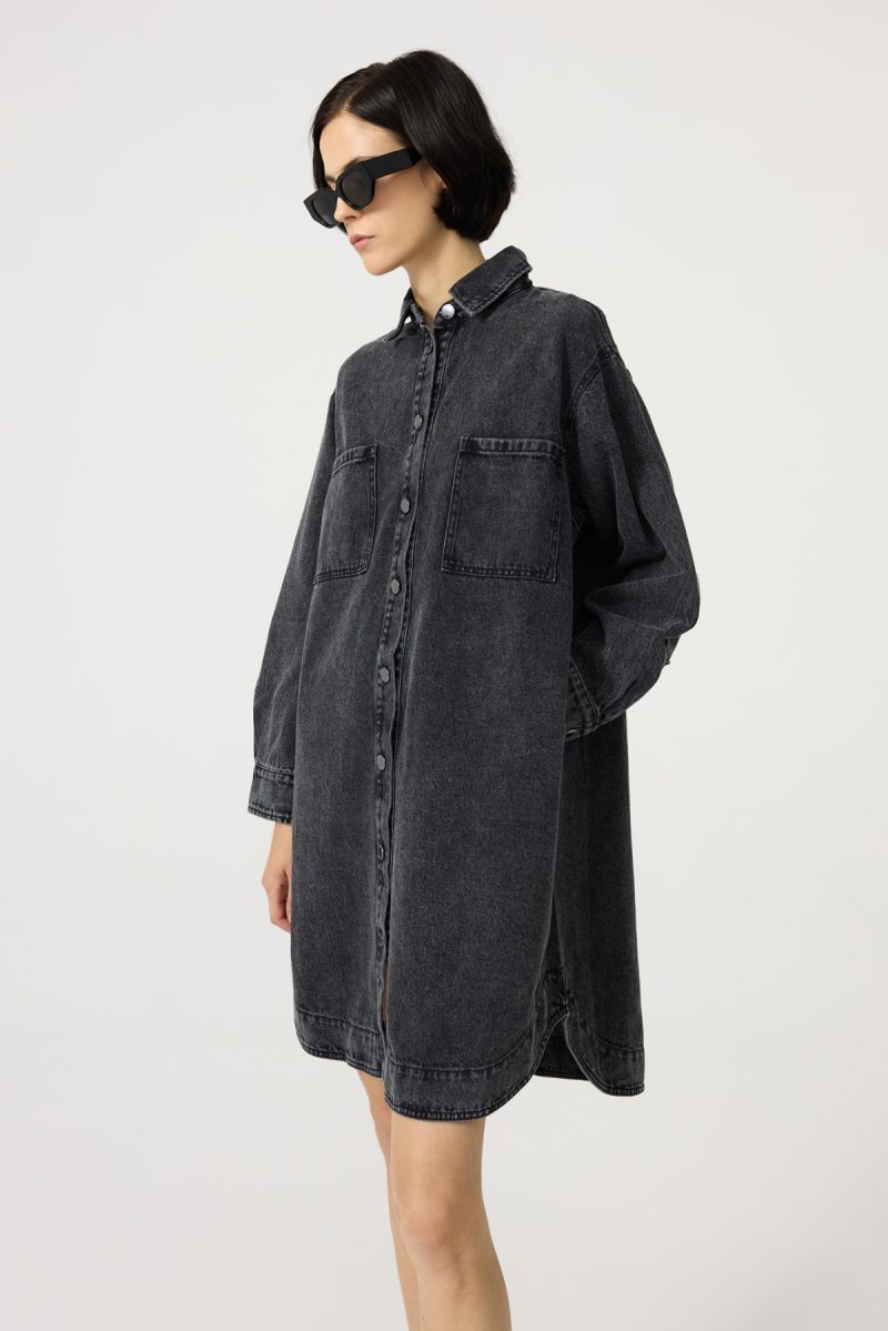 Denim dress with front and side pockets, black-washed denim, straight loose cut. Button fastening.