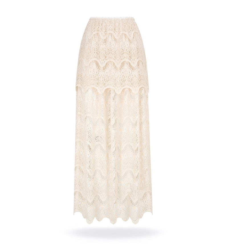 Lace maxi dress with peplum, soft, warm beige colour.