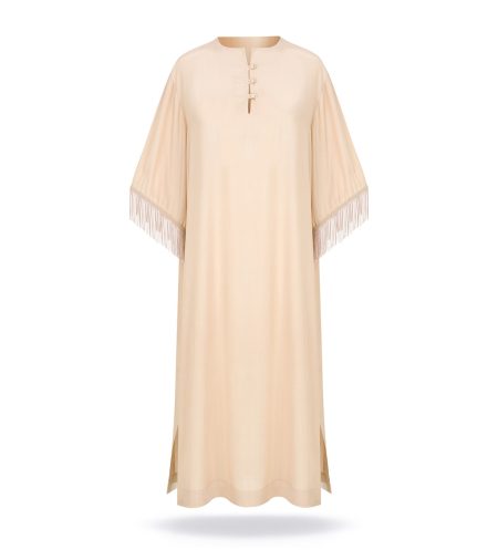 Long dress with fringe on the sleeves, warm beige tone, side slit.