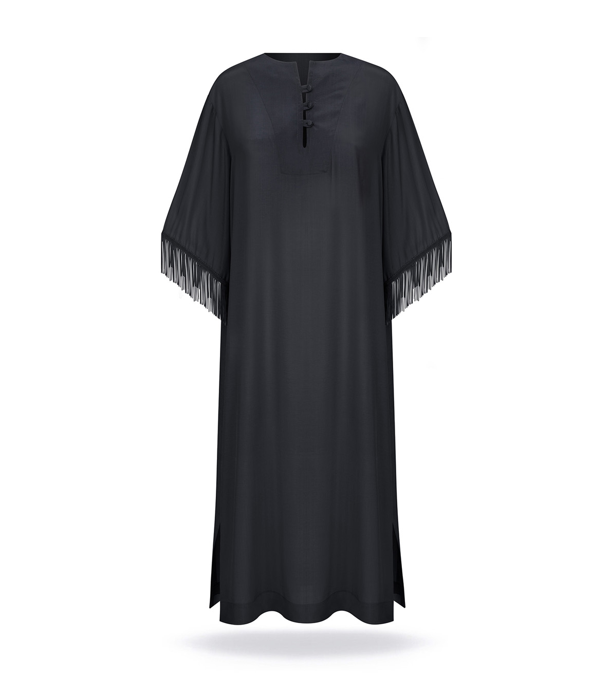 Long dress with fringe on the sleeves, black tone, side slit.