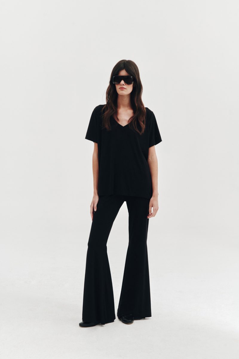 Black t-shirt and black flared leggings