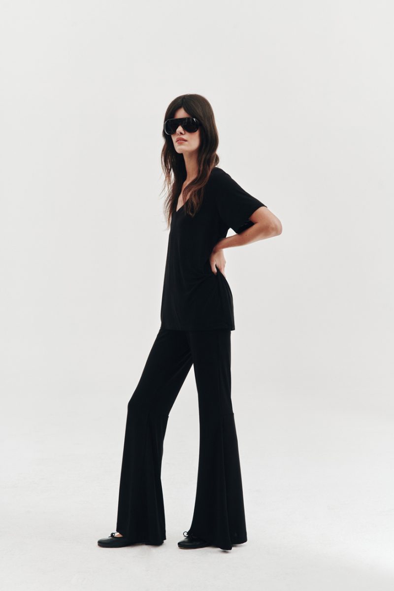 Black t-shirt and black flared leggings