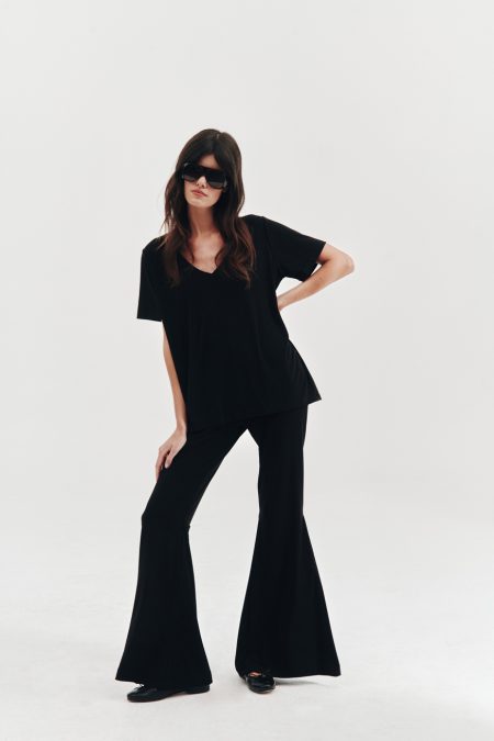 Black t-shirt and black flared leggings