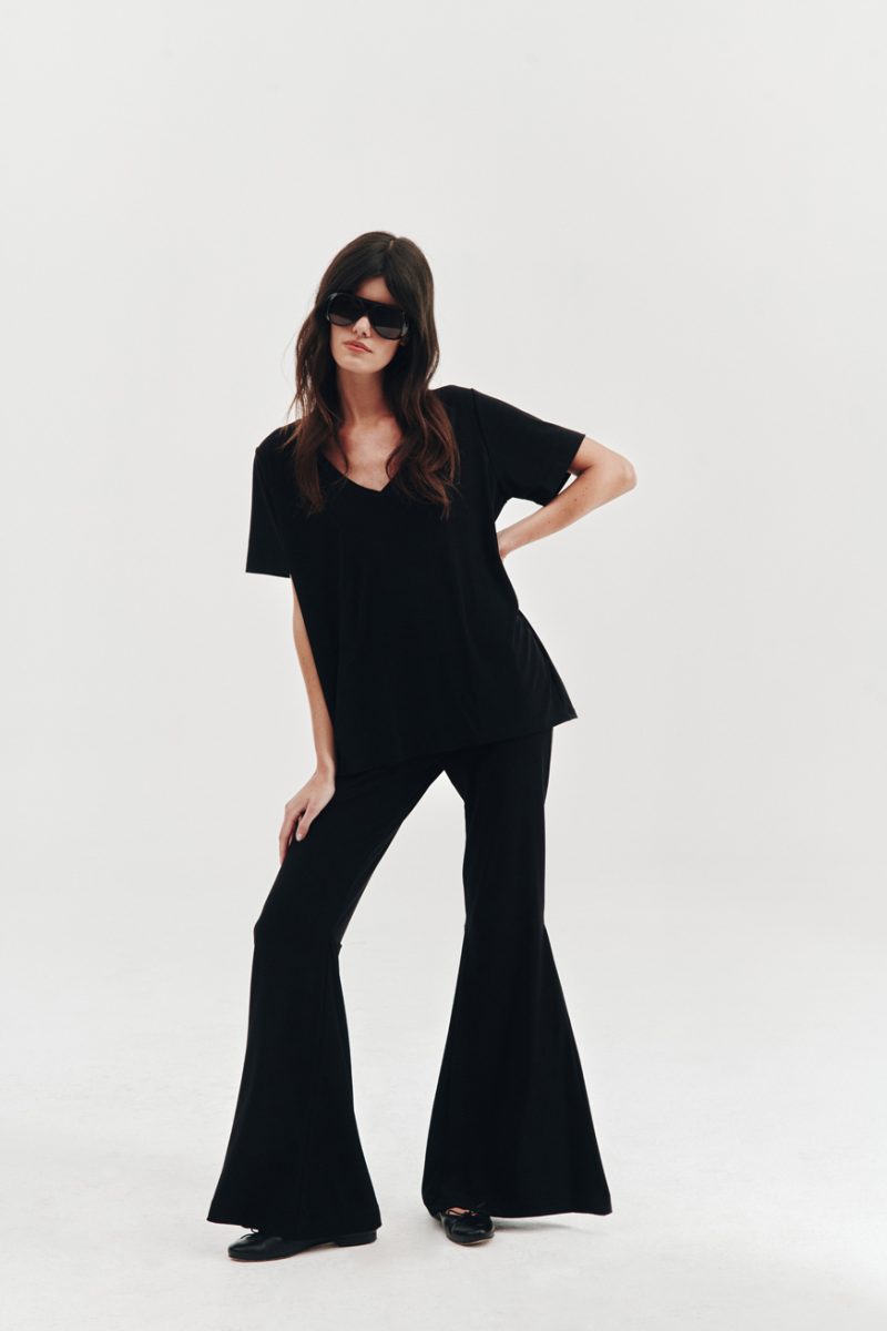 Black t-shirt and black flared leggings