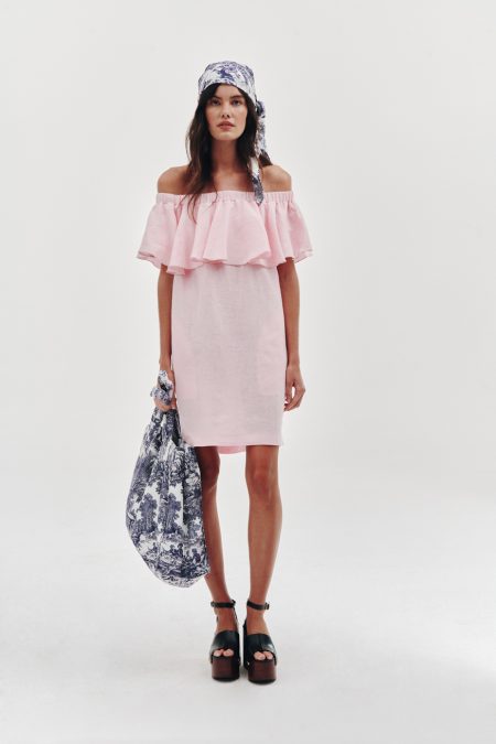 Ruffled linen dress in pastel pink, dress with pockets
