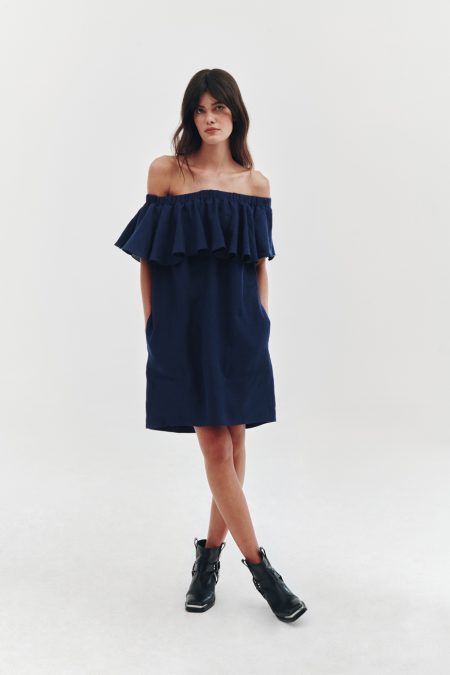 Ruffled linen dress in royal navy blue