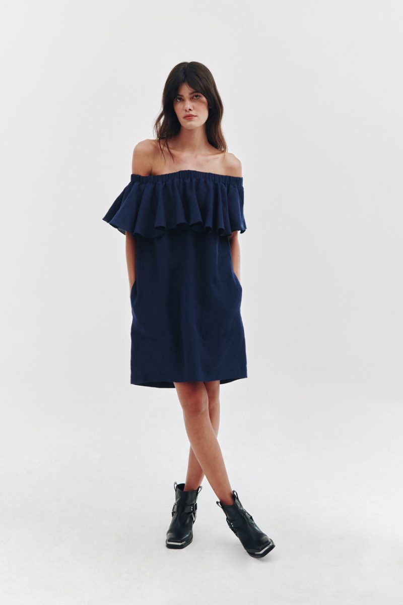 Ruffled linen dress in royal navy blue