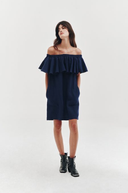 Ruffled linen dress in royal navy blue