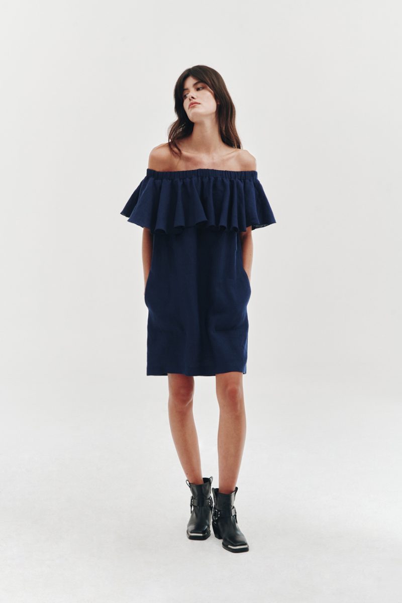 Ruffled linen dress in royal navy blue
