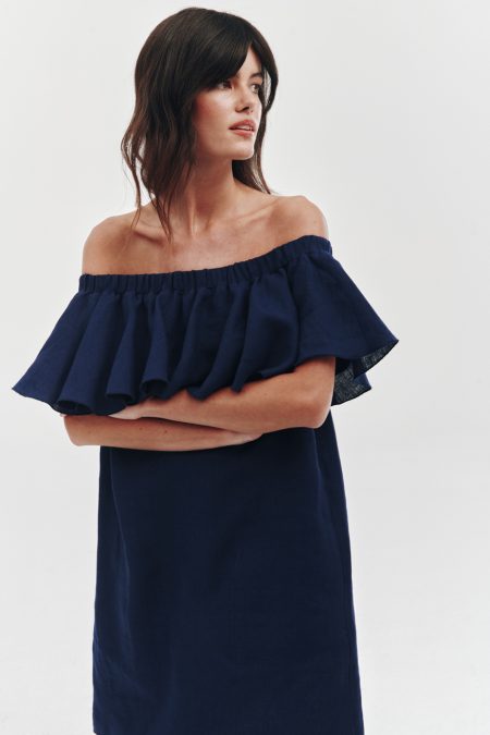 Ruffled linen dress in royal navy blue