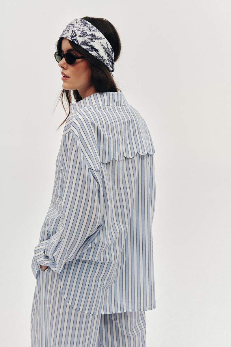 Striped blue shirt and wide-leg trousers