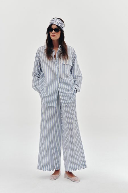 Striped blue shirt and wide-leg trousers