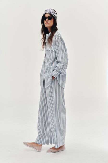 Striped blue shirt and wide-leg trousers