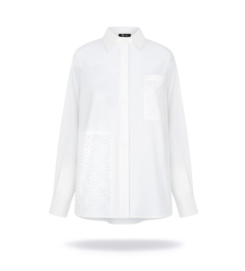 Embroidered patchwork shirt, longsleeve, off-white.