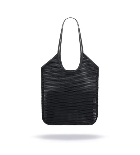 Mesh tote bag with real leather elements and inside pouch with zipper.
