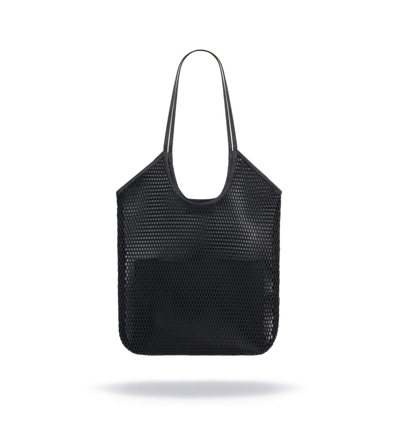 Mesh tote bag with real leather elements and inside pouch with zipper.