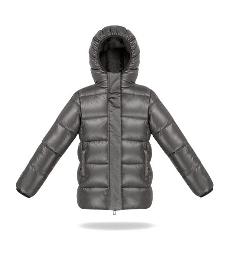 Kids puffer jacket in steel grey colour. With pockets and hood. 