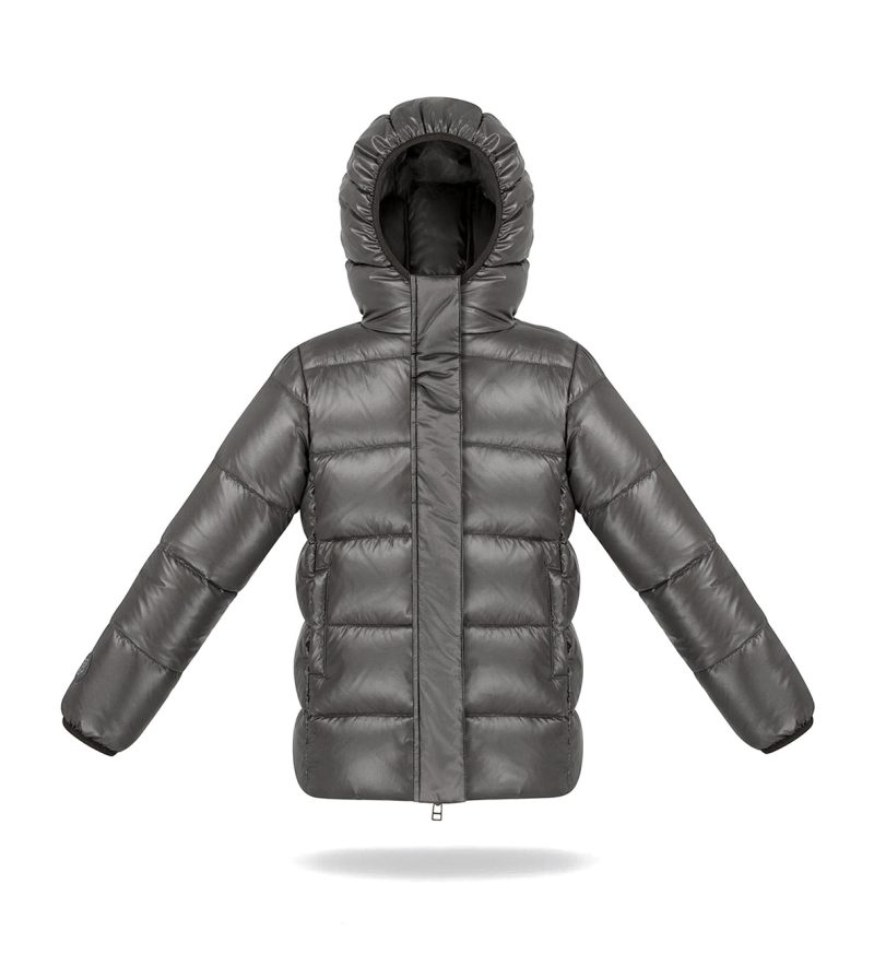 Kids puffer jacket in steel grey colour. With pockets and hood.
