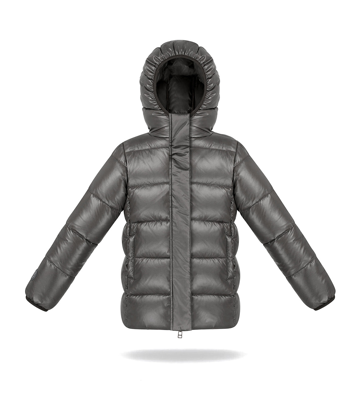 Kids puffer jacket in steel grey colour. With pockets and hood. 